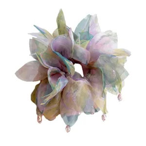 Scrunchie elastico per capelli in chiffon floreale con perline di cristallo rosa