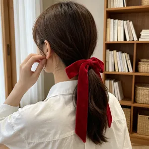 Women Elegant Velvet Bow Ribbon Hair Ring Retro Large Bowknot Scrunchie Long Streamer Hair Tie Autumn Winter Headwear Accessories