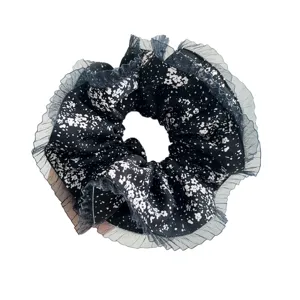 Korean style floral scrunchie with pleated mesh edges in black for elegant hair styling.