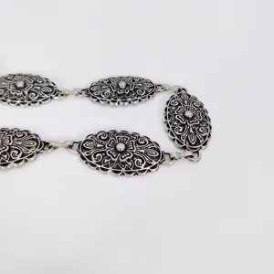 Vintage silver metal waist chain boho carved oval plate dress accessory belt fashion