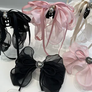 Elegante Pinza para el Cabello con Lazo de Malla con Perla Artificial Diamantes de Imitación Corazón Mariposa Grande Pinza de Garra de Resorte para Mujer Accesorios para el Cabello Estilo Coreano