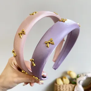 Korean Style Satin Padded Headband For Women High Cranial Top Design With Gold Metal Bows Minimalist Solid Color Hair Accessories