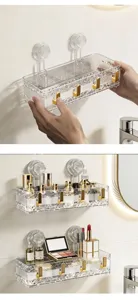 Clear acrylic bathroom storage rack wall mounted suction cup shower shelf with hooks for cosmetics.