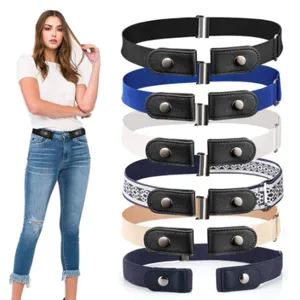 Women Invisible Elastic Belt Buckle Free Stretch Waist Band Metal Alloy Adjuster Casual Jeans Pants Belt
