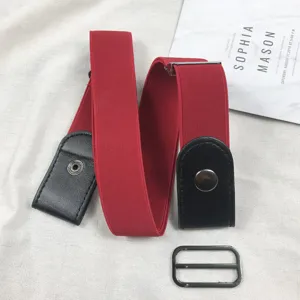 Red elastic buckle-free belt for women, invisible stretch jeans belt with leather ends.
