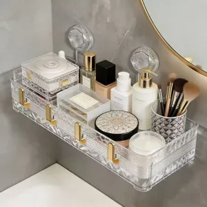 Transparent acrylic bathroom wall mounted storage shelf with hooks for cosmetics organizing