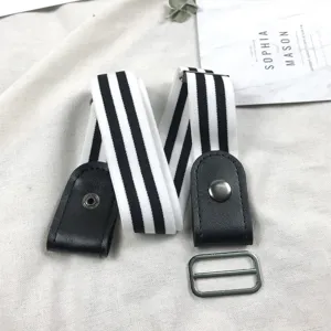 Elastic buckle-free stretch belt with black white stripes for comfortable everyday wear.