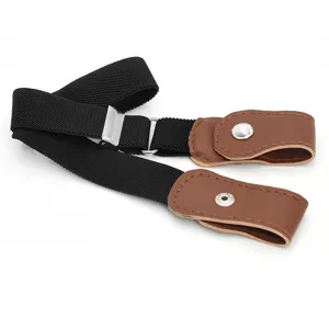 Detailed view of the black elastic buckle-free lazy belt with brown leather ends.