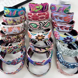 Collection of vintage Bohemian embroidered wide headbands with ethnic floral patterns