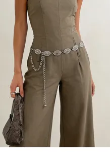 Retro silver metal waist chain for women, fashionable decorative belt for dresses and high waist pants.