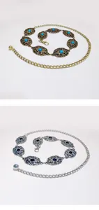 Vintager geschnitzter Metall Taillenkette Gürtel mit blauen Steinen für elegante Damen.