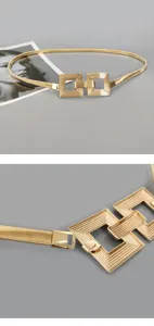 Elegante cadena de cintura de metal dorado con hebillas cuadradas elegantes para moda mujer.
