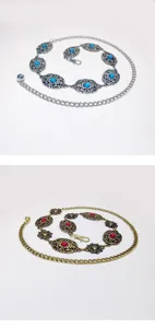 Ethnische Vintage Metall Taillenkette mit Blumenmuster und bunten Steinen für Kleider.