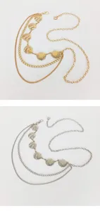 Close-up details of multi-layer shell conch metal waist chains in gold and silver options.