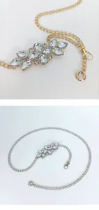 Closeup and full view of stylish rhinestone floral metal waist chain, perfect accessory for women.