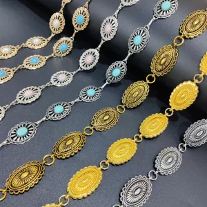 Retro metal waist chain for women, vintage concho belt with turquoise and pearls, fashion dress.