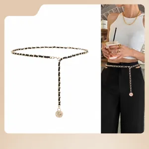 Femme Mode Tressé Cuir Chaîne Ceinture de Taille Or Métal Pièce Pendentif Chaîne de Taille Élégant Robe Manteau Corps Bijoux