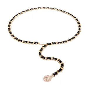 Ceinture chaîne dorée tressée en cuir pour femme pendentif pièce monnaie élégante