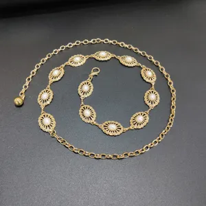 Retro gold waist chain for women, elegant pearl inlay dress belt accessory main view