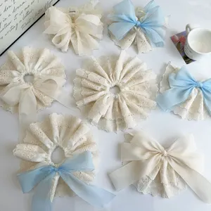 Detailed layout of elegant Korean style lace bow scrunchies and hair claw clips in soft pastel colors