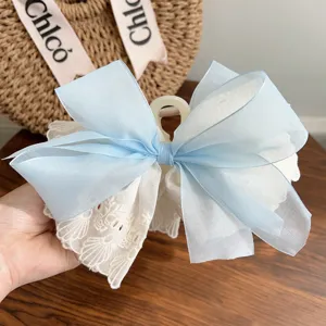 Elegant large hair claw clip with light blue organza and white lace floral bow detail