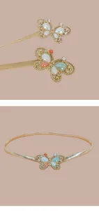 Gold metal butterfly waist belt, elastic spring stretch waist chain dress detail.