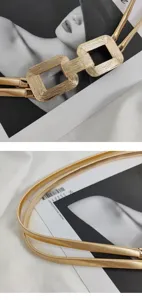 Goldfarbene doppelte elastische Damen-Gürtel mit quadratischer Metallschnalle Taille Kette.