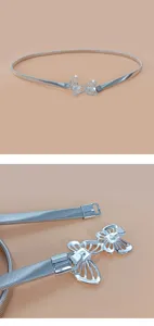 Silver metal butterfly waist chain detail, adjustable elastic spring belt for women dresses.