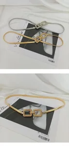 Goldene und silberne elastische Metallgürtel mit Doppelkette und Vintage-Schnalle für Kleider.
