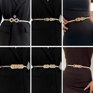 Women's Metallic Elastic Thin Belt Gold Silver Stretch Waist Chain Rhinestone Decorative Dress Sweater Belt Fashion Accessory