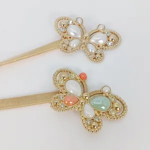 Gold metal elastic waist belt with pearl butterfly buckle for women chic dress dress