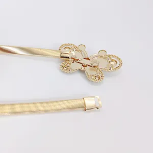 Gold metal spring waist belt with exquisite butterfly buckle, stylish accessory for dresses.