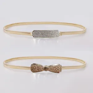 Chaîne de taille élastique dorée pour femme, ceinture strass et nœud pour robes.