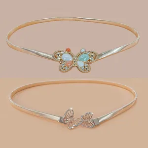 Gold metal waist chain with butterfly buckle, elastic spring belt for women dresses and skirts.