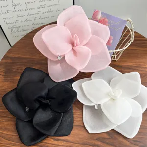 Detailed view of large mesh rose hair clips in black, pink, and white colors.