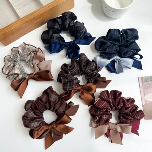 Set of six plaid bow scrunchies in various vintage-inspired colors