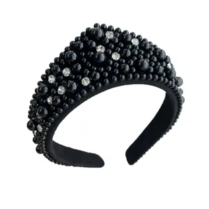 Cerchietto a corona vintage con perle nere e strass per donne, accessori per capelli