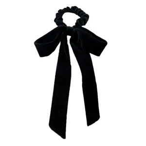 Elegant black velvet bow scrunchie with long hanging ribbons for women hair accessories