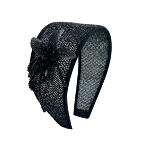 Elegant black mesh wide headband with handmade beaded flower embellishment for women