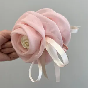 Pinza para el Cabello de Flor de Rosa Grande con Lazo de Malla para Mujer Clip de Tiburón de Organza Estilo Coreano Accesorios para el Cabello