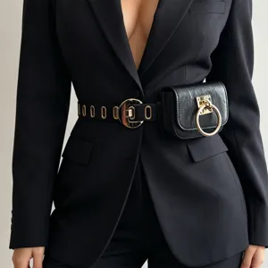 Stylish black waist belt with detachable small pouch chic fashion accessory for women.
