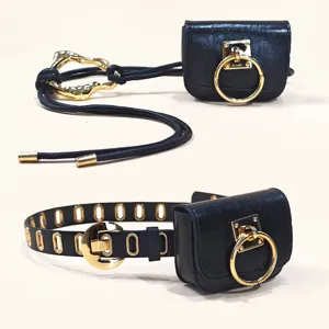 Stylish multi-way leather belt with detachable small pouch and chic gold metal hardware.