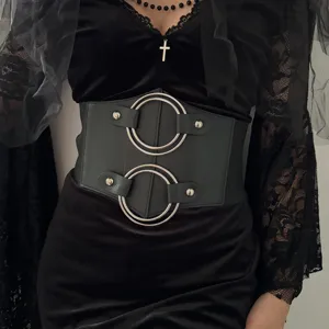 Black elastic wide waist belt with silver metal rings and rivets for women gothic dress.