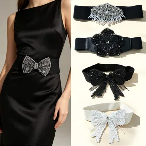 Women Rhinestone Bow Belt Elastic Wide Waist Cincher PU Leather Dress Decorative Corset Belt Fashion Accessories