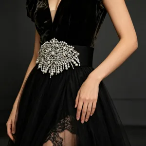 Elegant women's wide rhinestone elastic cummerbund dress belt in black for chic wear