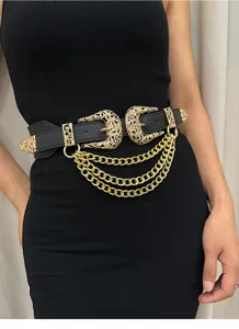 Cintura elastica larga da donna nera con fibbie dorate floreali e catene pendenti.