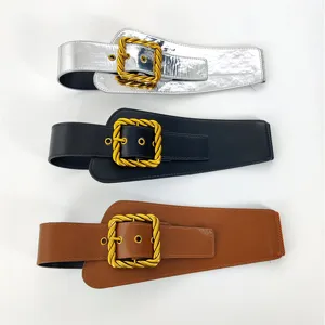 Damen breiter elastischer Taillengürtel mit stilvoller verdrillter Metallschnalle Mantel