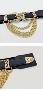 Vista dettagliata della cintura elastica vintage da donna con fibbie floreali dorate.