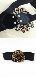 Detail view of women stretch belt with leopard rose flower decor, stylish waist cincher.