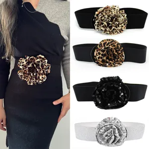Women Fashion Wide Elastic Cinch Belt Faux Leather Floral Rose Waist Band Dress Sweater Corset Decorative Belt